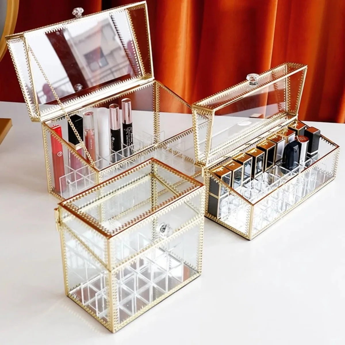 Women Golden Makeup Organizer Storage Box Glass Cosmetic Container Case for Lipstick Skin Care Nail Polish Perfume Display Stand