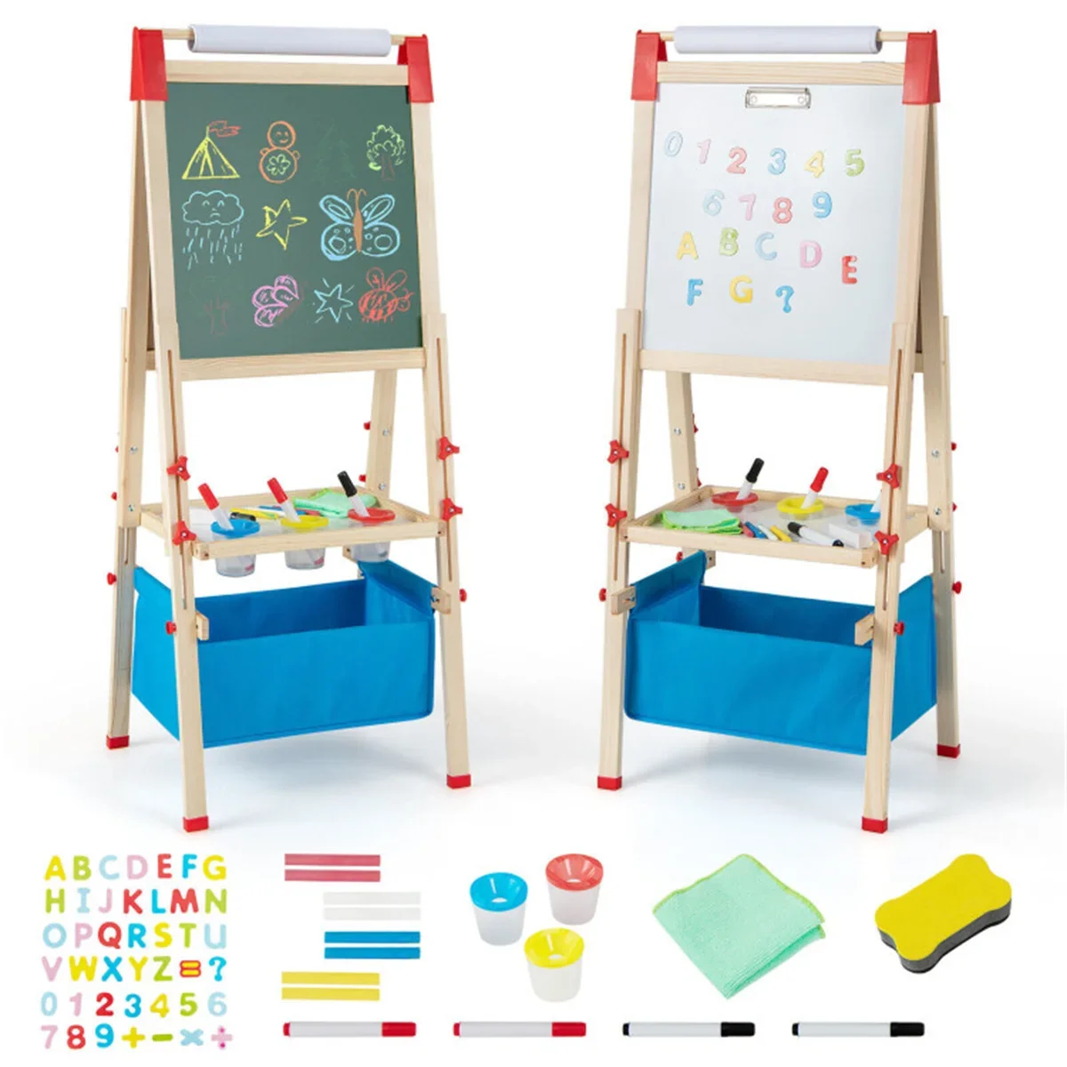 

3-in-1 Kids Wooden Easel - Magnetic Chalkboard/Whiteboard+Paper Roll, 60 Accessories, Natural+Blue