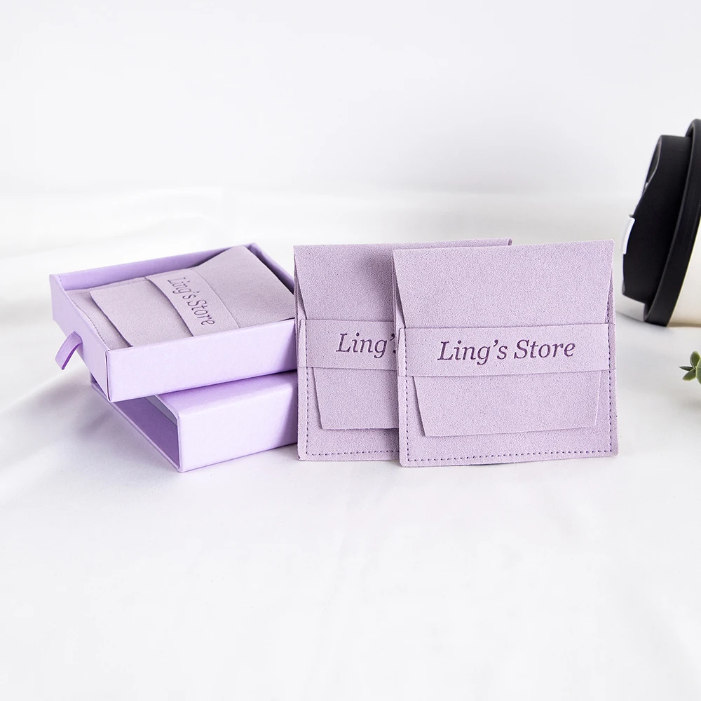 24Sets Custom Logo Violet 9x9x2.5cm Jewelry Gift Box 8x8cm Microfiber Envelope Bag Suede Velvet Rings Earrings Organizer Pouches