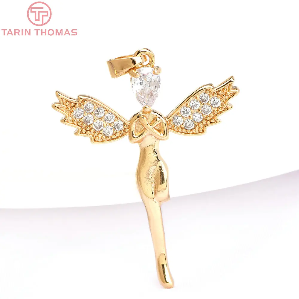 

(6303) 4PCS 26x32MM 24K Gold Color Brass with Zircon Angel Shaped Pendants High Quality DIY Jewelry Making Findings Wholesale