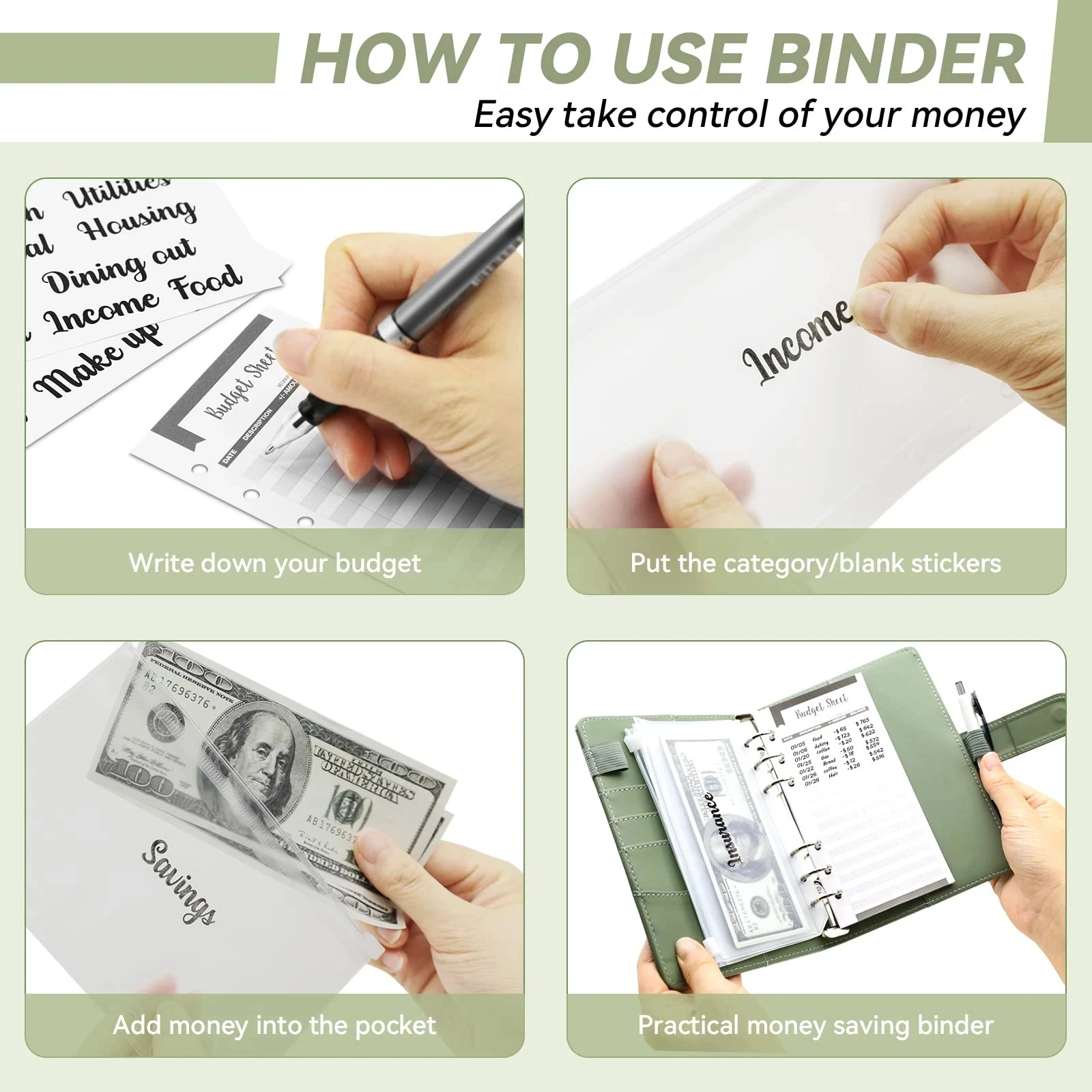 New A6 Pu Leather Budget Binder Notebook Cash Envelopes System Set Clip-On Binder Pockets for Money Budget Saving Bill Organizer