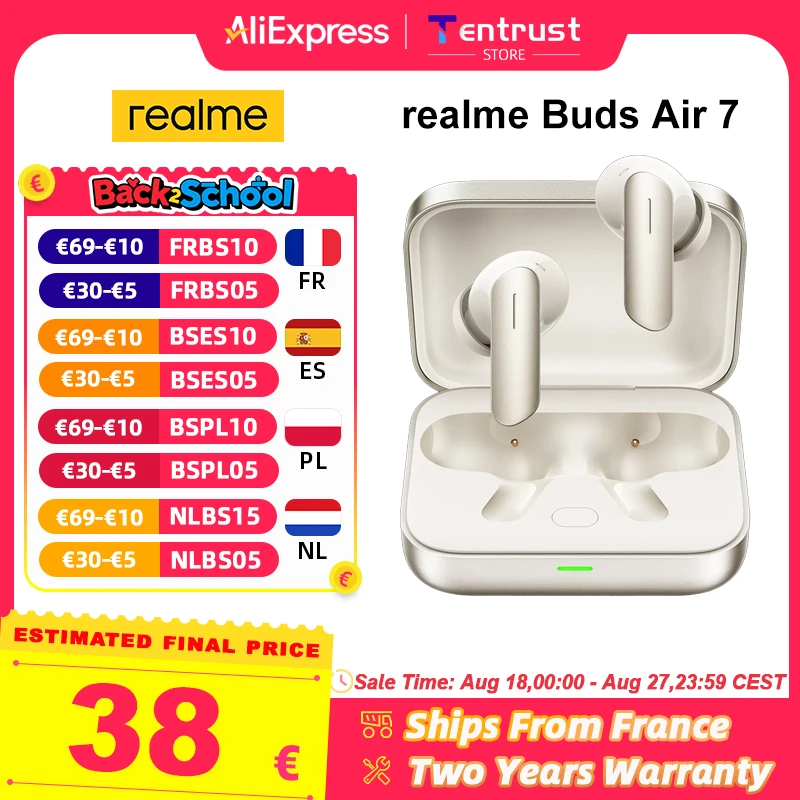 Versione globale realme Buds Air 7 Auricolare senza fili 52dB Cancellazione attiva del rumore Bluetooth 5.4 Fino a 52 ore di durata della batteria