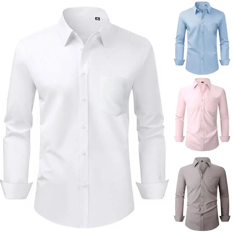 Stylish Comfortable Men's Dress Shirt Long Collared Cleanfit Waist Cinched Pocket Detail Daily Wear Polyester Long Sleeve