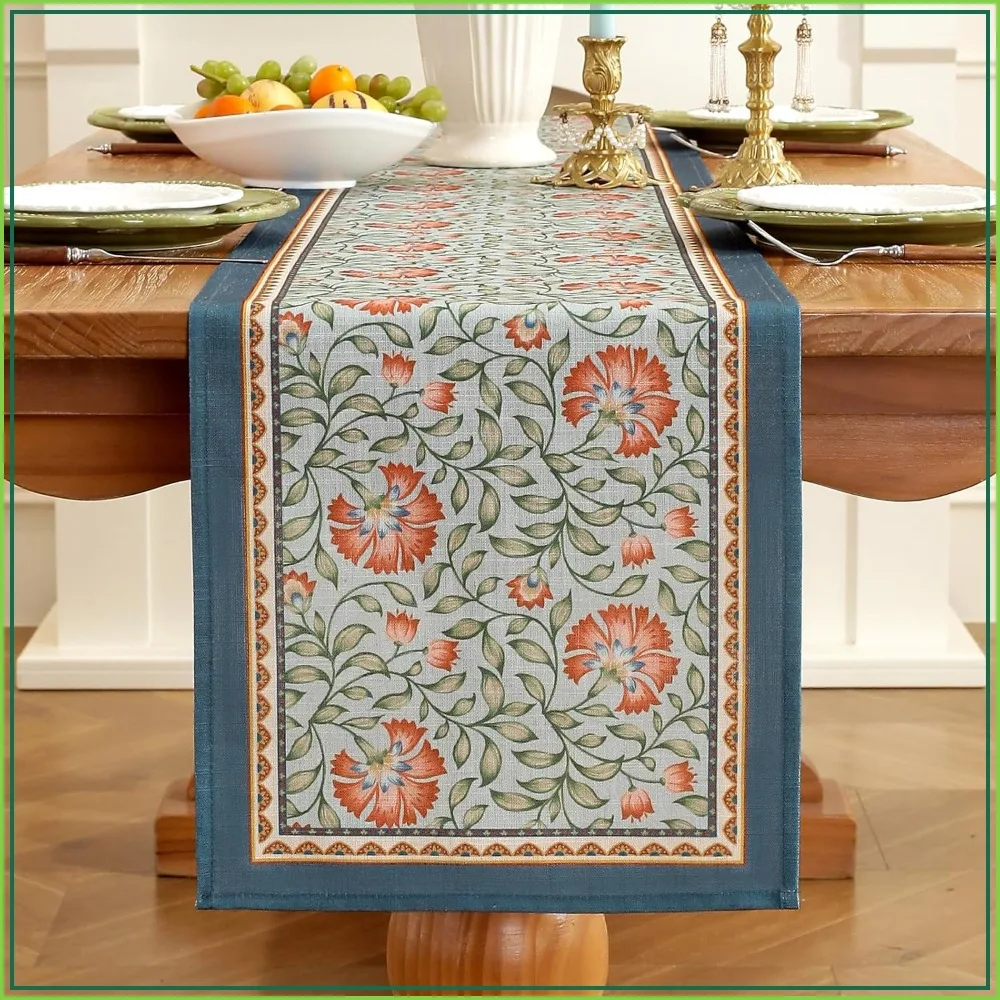 

Floral Blossom Table Runner, Blue Cotton Linen, Seasonal Spring Table Decoration for Home Party 13x72 Inches