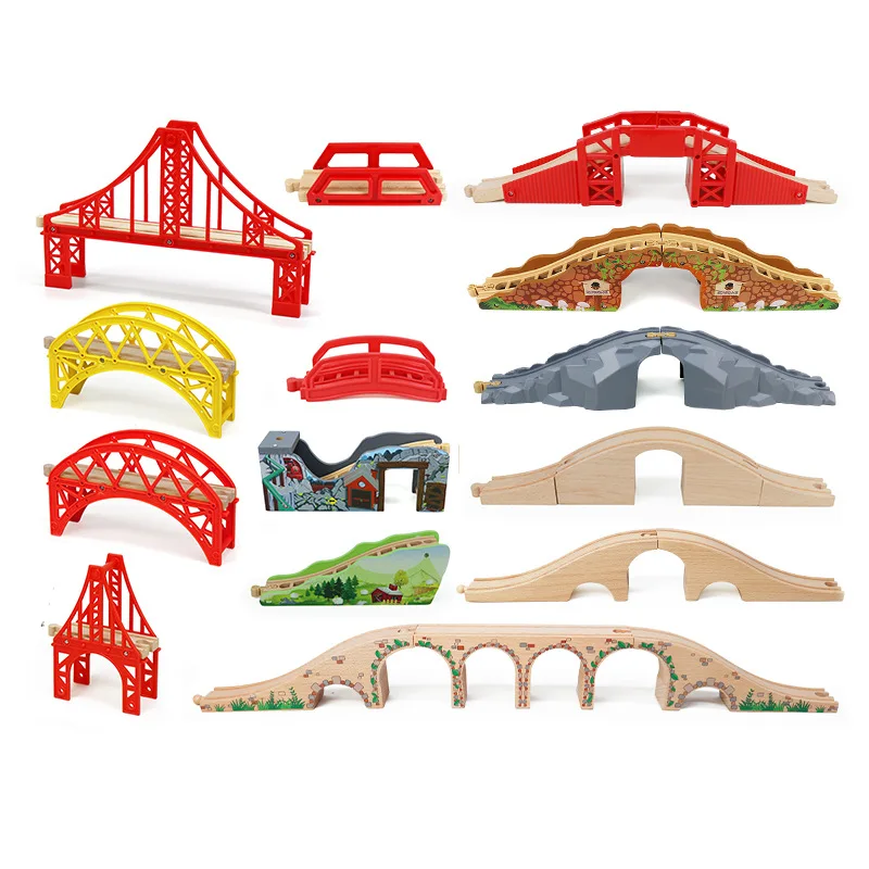Kids Railway Toys DIY Wooden Bridge Tunnel Wooden Train Track Bridge Track Accessories fit for Biro Wood Tracks Toys
