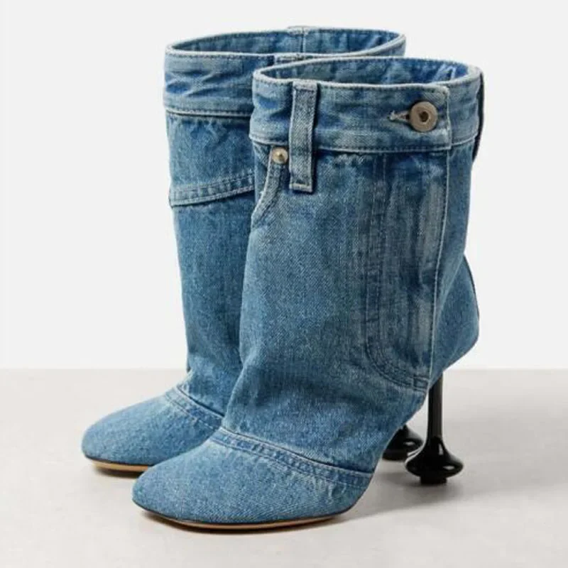 New Girls Blue Jeans Denim Round Toe Thin Heels Loose Calf Mid-calf Boots Women Fashion Patchwork Short Pants Boots Size 43