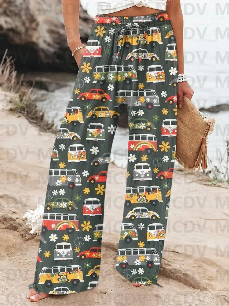 Pantalones informales de lino con estampado artístico de sardinas de pescado Vintage para mujer