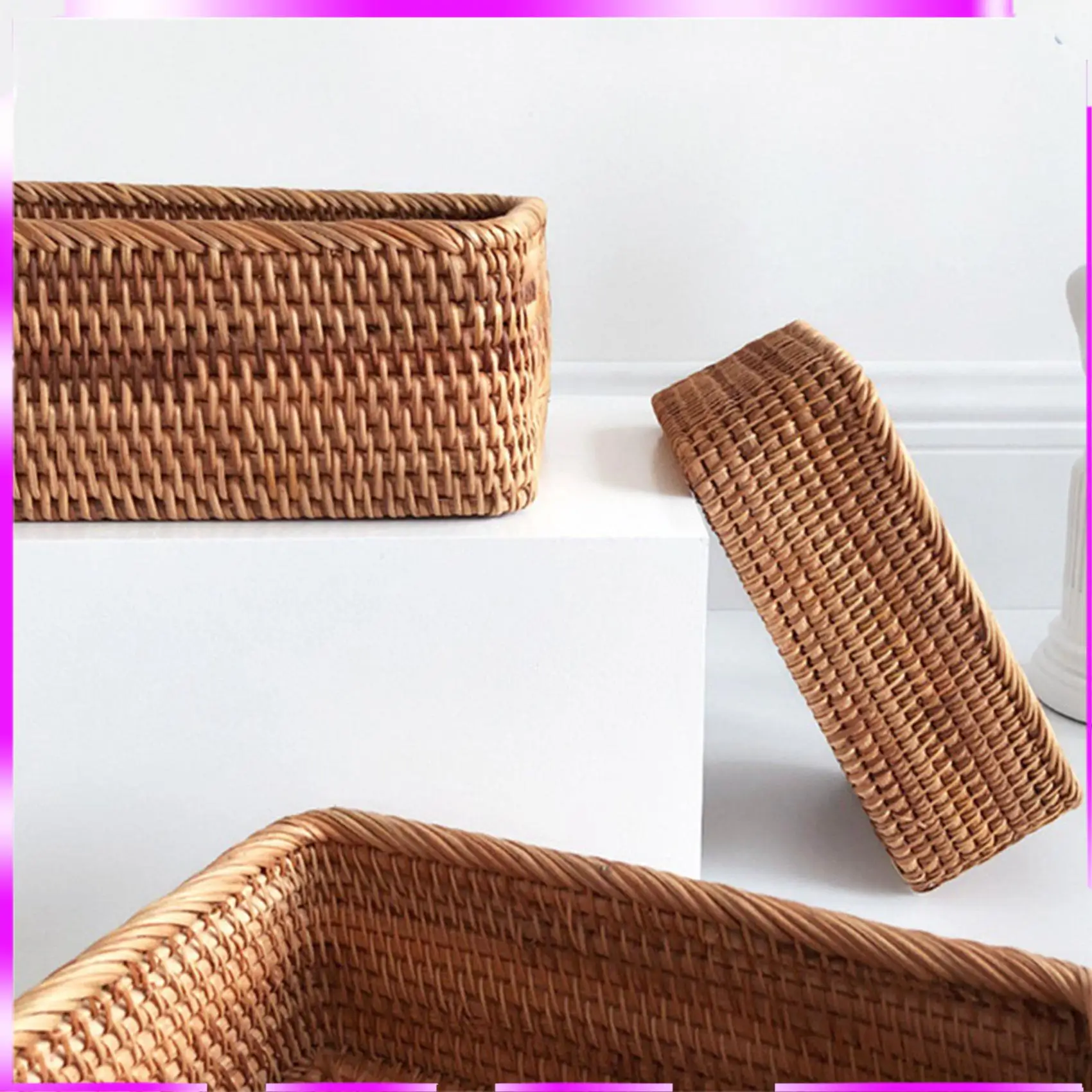 N98R 2X Hand-Woven Rectangular Rattan Wicker Basket Fruit Tea Snack Bread Picnic Cosmetic Box Kitchen Household Tools-L