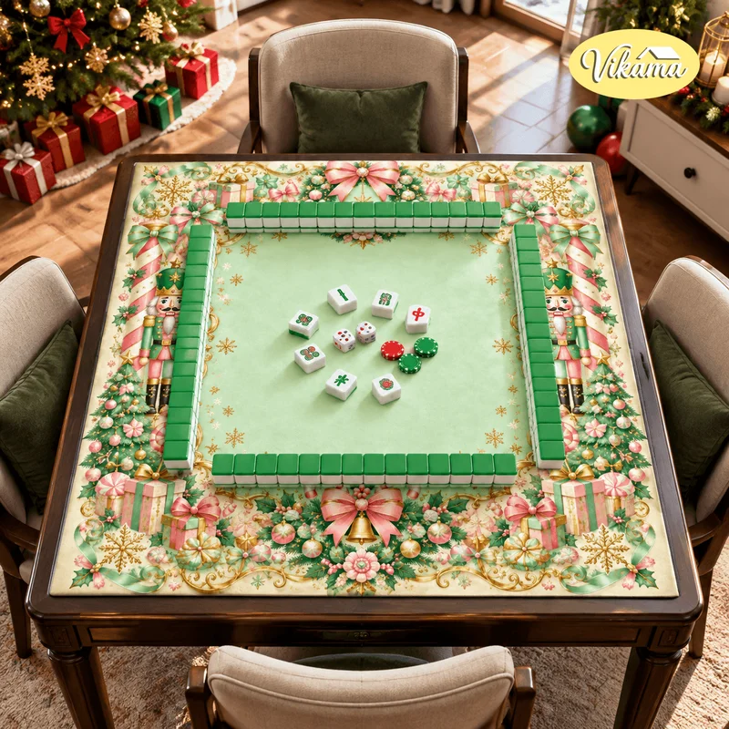 ChristmasLight Green Bows Mahjong MatNon Slip WaterproofFamily Game NightHolidayGift