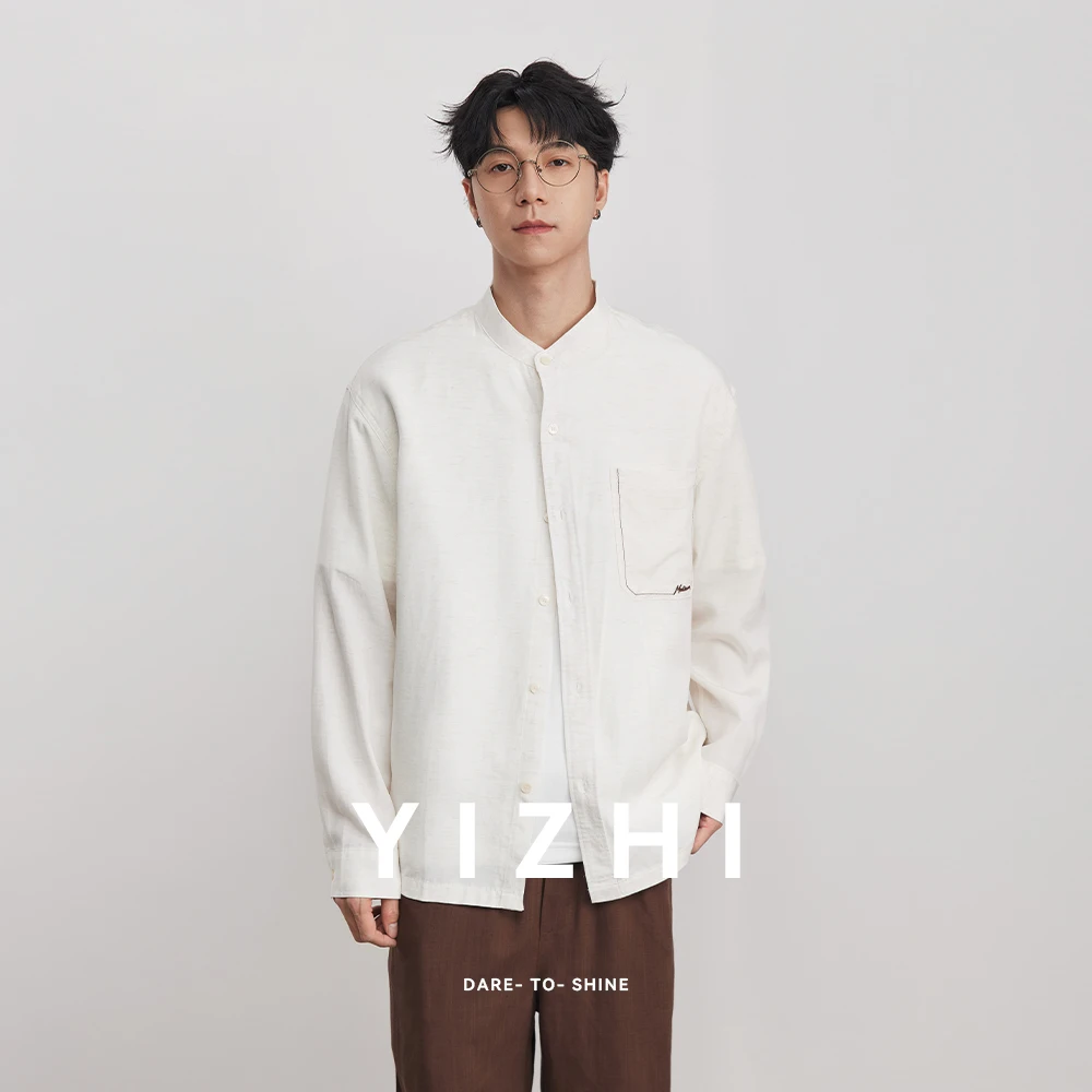 

Fashion Stand Collar Lyocell Pocket Embroidered Shirt Men's 2026 Spring Loose Breathable Retro Casual Long Sleeve Cardigan Top