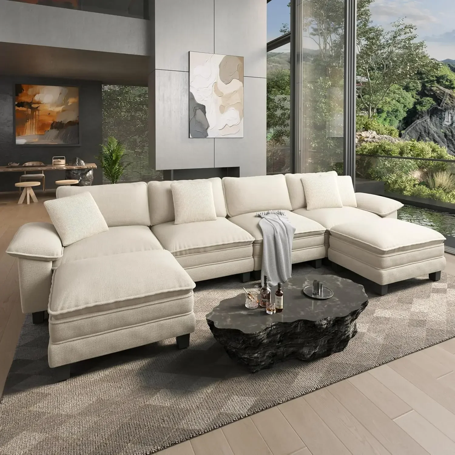 U Shaped Cloud Chenille Sectional Sofa With Ottoman Deep Seat Beige Six Seater