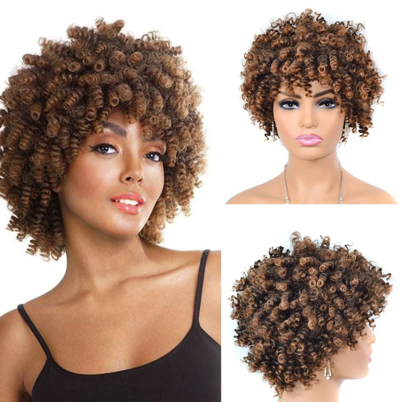 

Short Brown Curly Afro Wigs with Bangs for Black Women Afro Kinky Curly Wigs Synthetic Heat Resistant Fluffy Ombre Brown Wigs