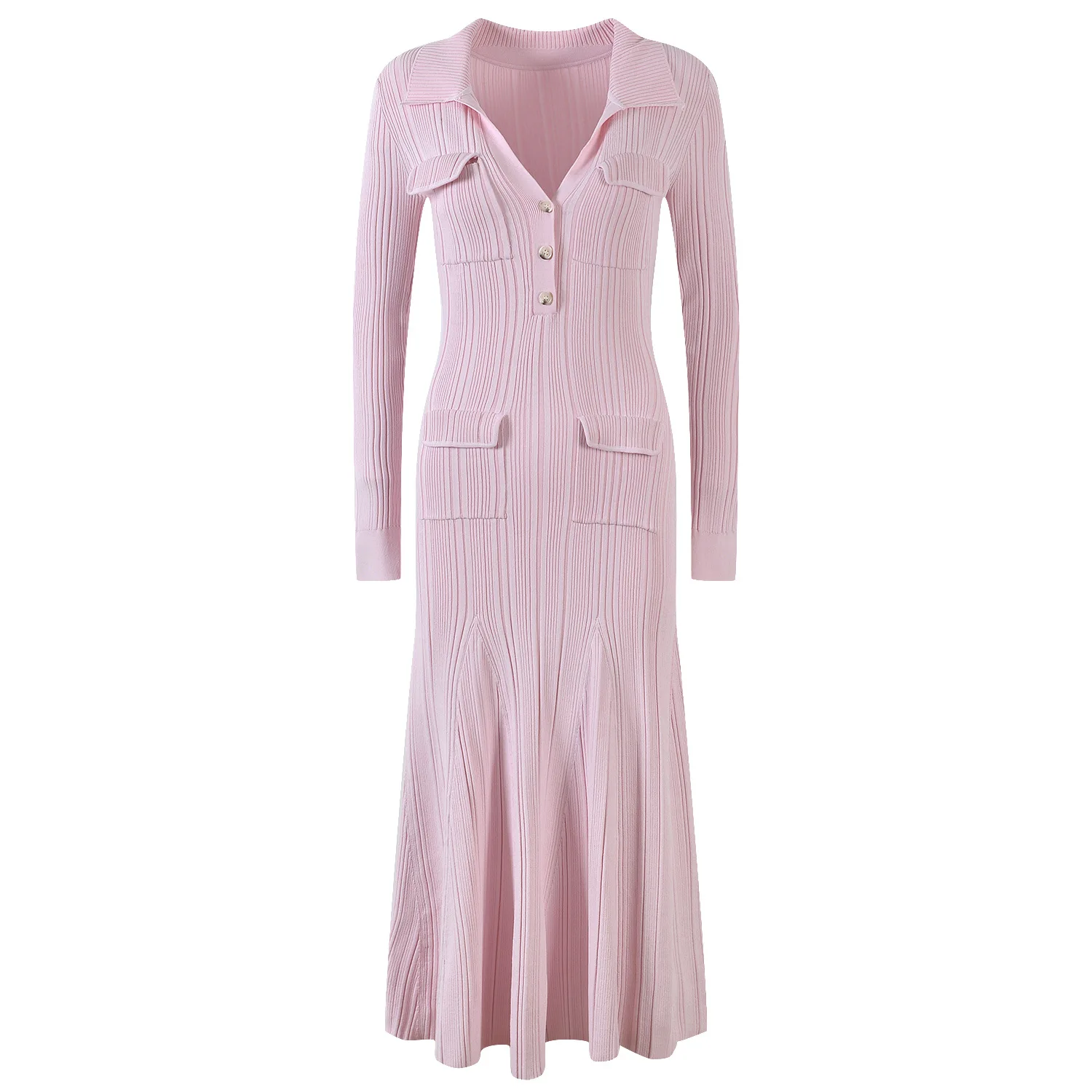 ZJYT Women\'s Long Sleeve Mermaid Knitting Dresses Elegant Autumn Winter Sweaters Turn Down Collar Slim Midi Party Dress Pink