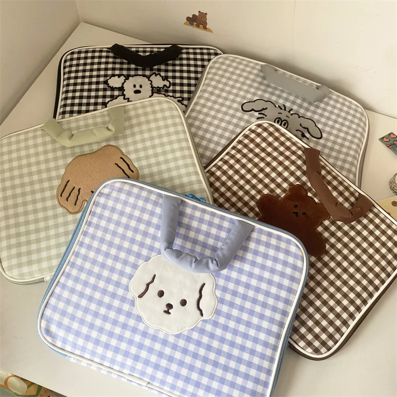 

Korean Cartoon Plaid Computer Bag Kawaii Bear Dog Tablets Computer Storage Handbag Women Cute Travel Cosmetic Storage Pouch