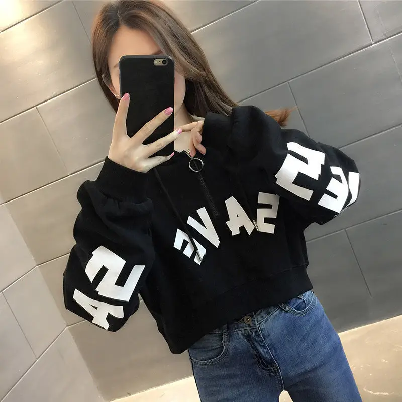 FAVRE Letter Print Sweatshirts Y2K Women Half-zipper Loose Thin Hoodies Ins Spring Autumn Korean Casual High-waist Crop Pullover