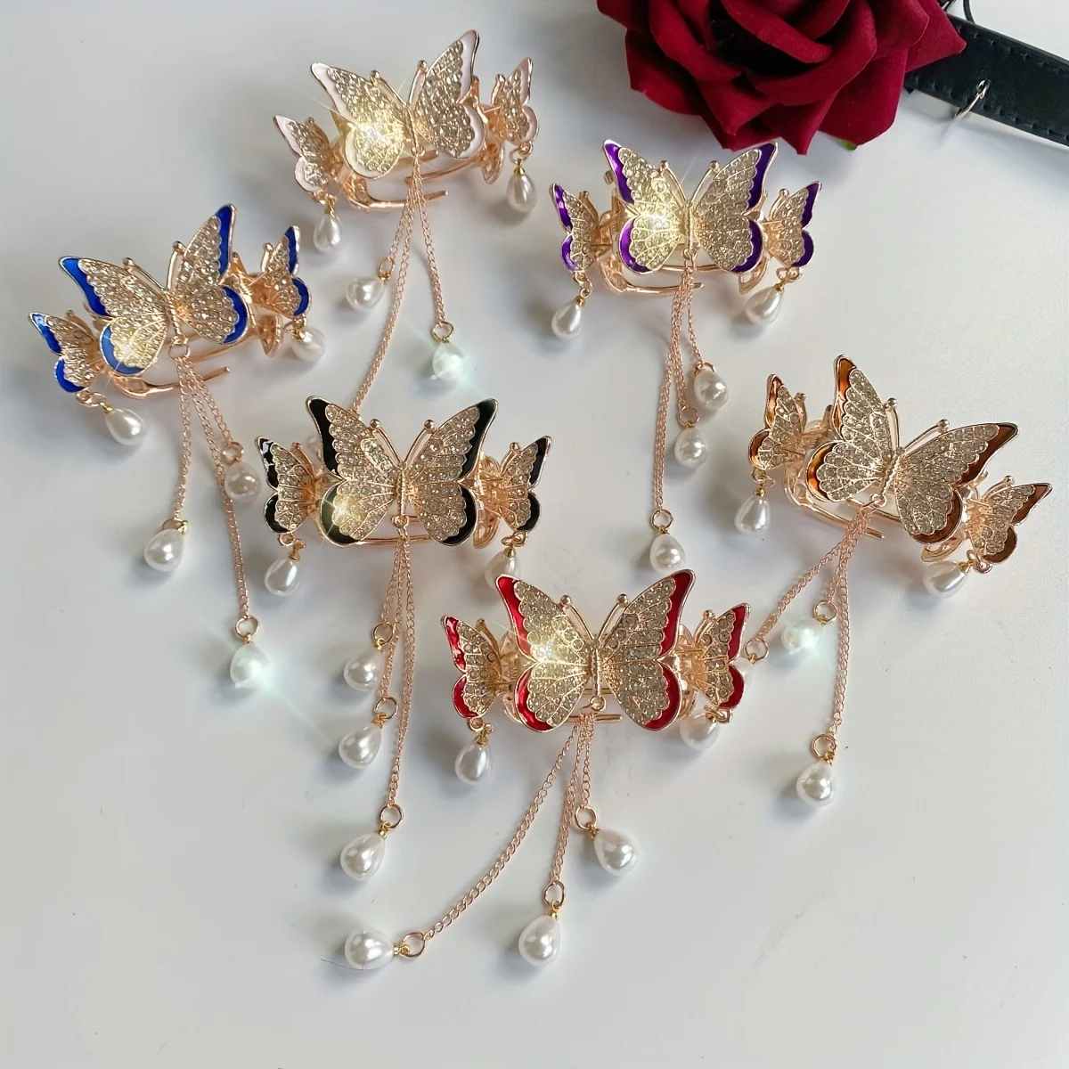 1pc Butterfly Hair Clips - Stunning Pendant Hair Clip with Tassel and Faux Pearl, Elegant Rhinestone Decor Ponytail Clip