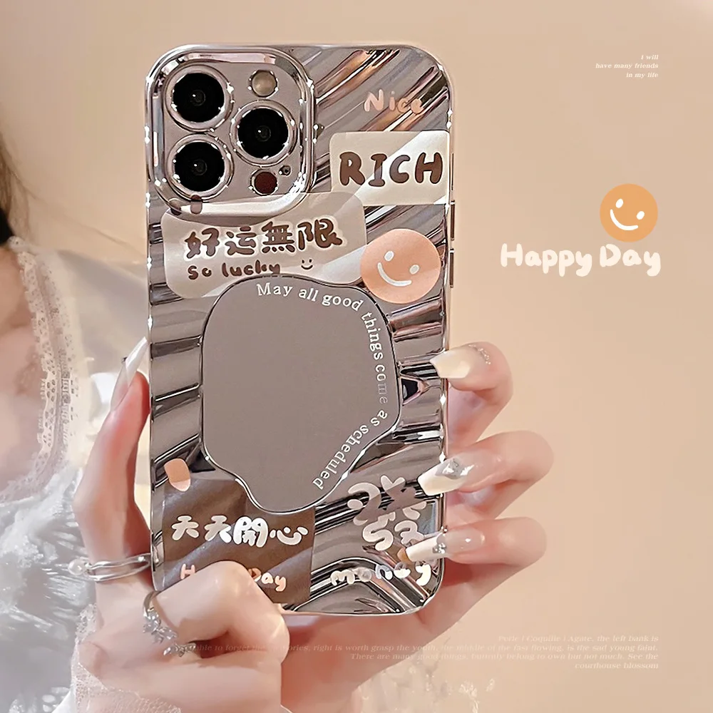 Chinese Character Mirror Case for IPhone 15 Plus Bumpy 13 Pro Max Good Luck 12 Rich 11 Text 14 Creative Makeup Mirror Phone Case