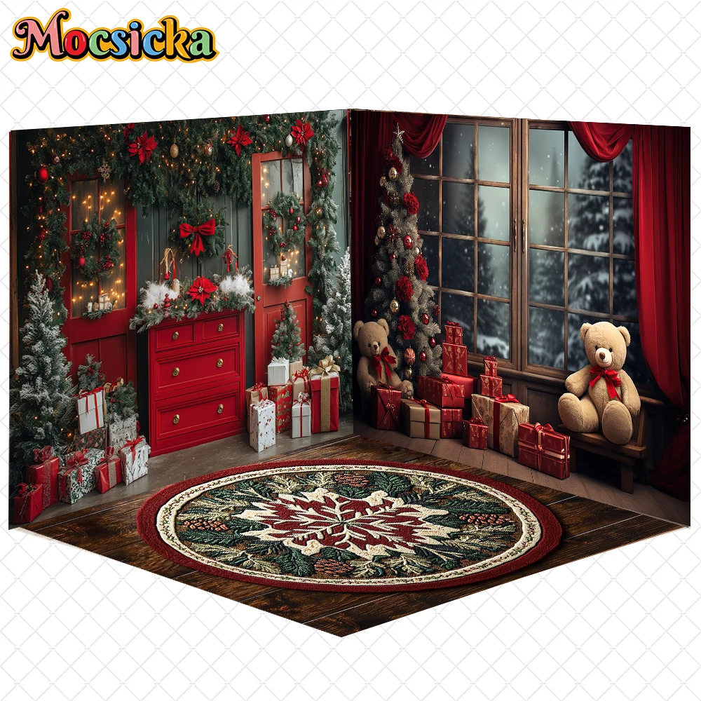 

Mocsicka Merry Christmas Backdrop Tree Door Cabinet Window Red Candy Store Decor New Year Party Photo Background Birthday Banner