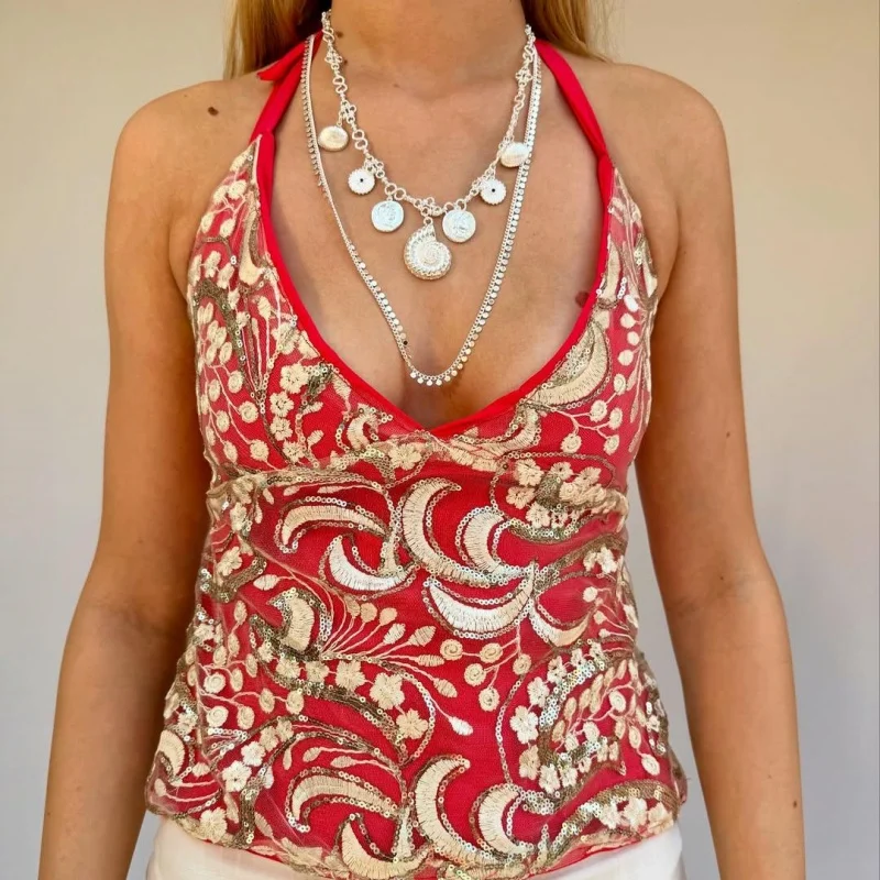 

Women Sexy Sparkle Embroidery Tops Y2K Sequin Halter Top V Neck Sleeveless Camisole Summer Glitter Tank Top Rave Party Outfits