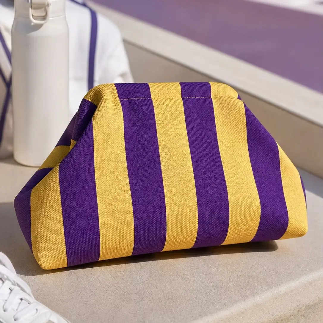 

Purple and Yellow Color-Blocked Vertical Striped Fabric Cloud Clutch Bag, Pleated Dumpling Bag, French-Style Light Luxury Clutch, Women's Versatile Storage Bag for Sports, Commuting, and Parties (Pattern Random)
