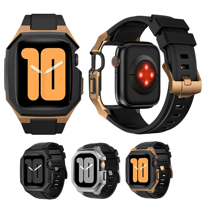 

Stainless Steel Case Mod Kit for Apple Watch Ultra 2/1 49mm 45 44mm Fluororubber Strap for IWatch Series 9 8 7 6 5 4 Accessories