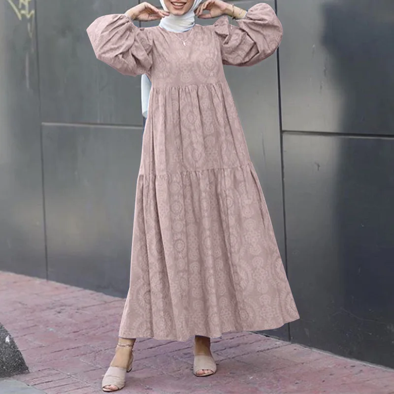 Plus Size Casual Abaya musulmano Donna Manica a sbuffo Abaya Abito musulmano Volant allentato Abito lungo da donna musulmana Trasporto di goccia