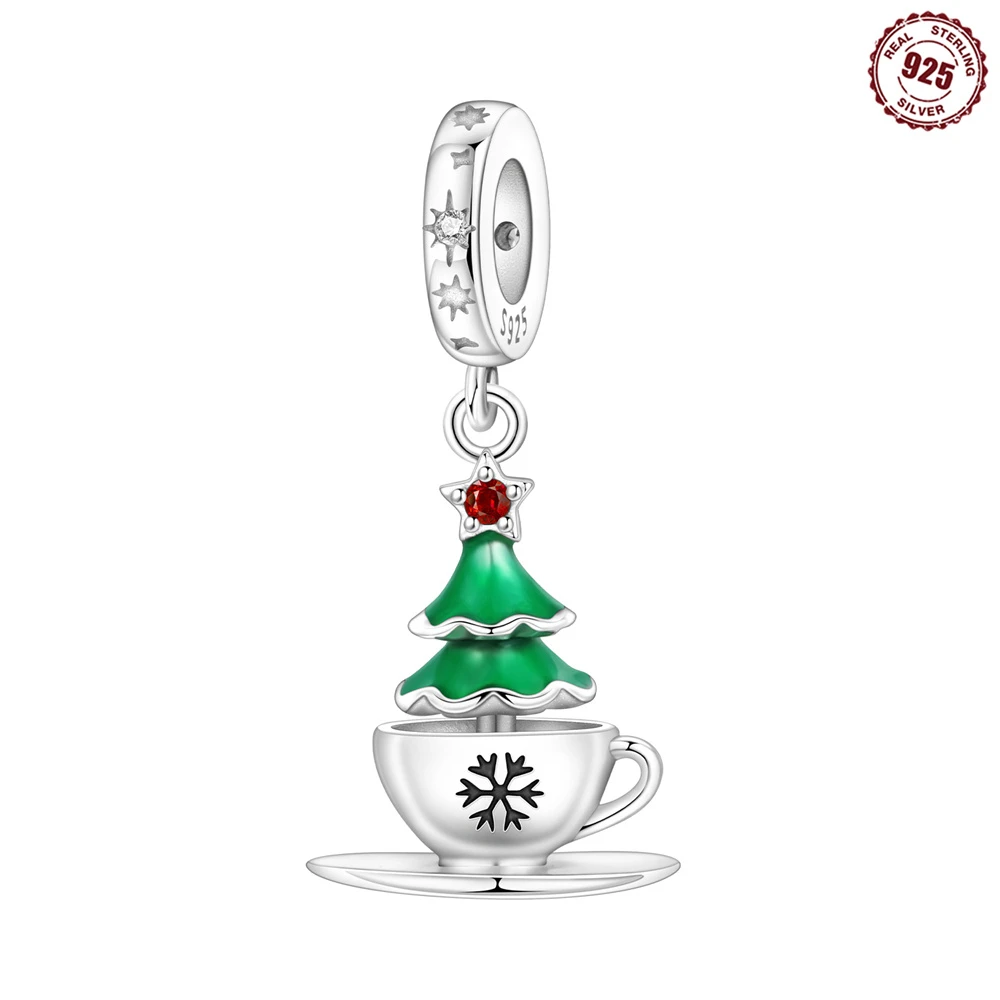 S925 Sterling Silver Teacup Christmas Tree Dangle Charm Green Enamel Xmas Tree in Coffee Cup Bead Fit Bracelet Christmas Gift