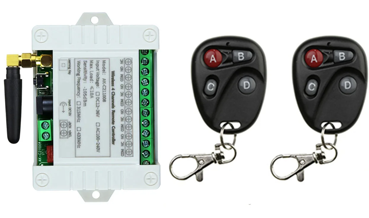 DC 12V 24V 36V 4CH interruptor de luz de Control remoto inalámbrico RF 10A salida de relé módulo receptor de Radio controlador de interruptor puertas de garaje