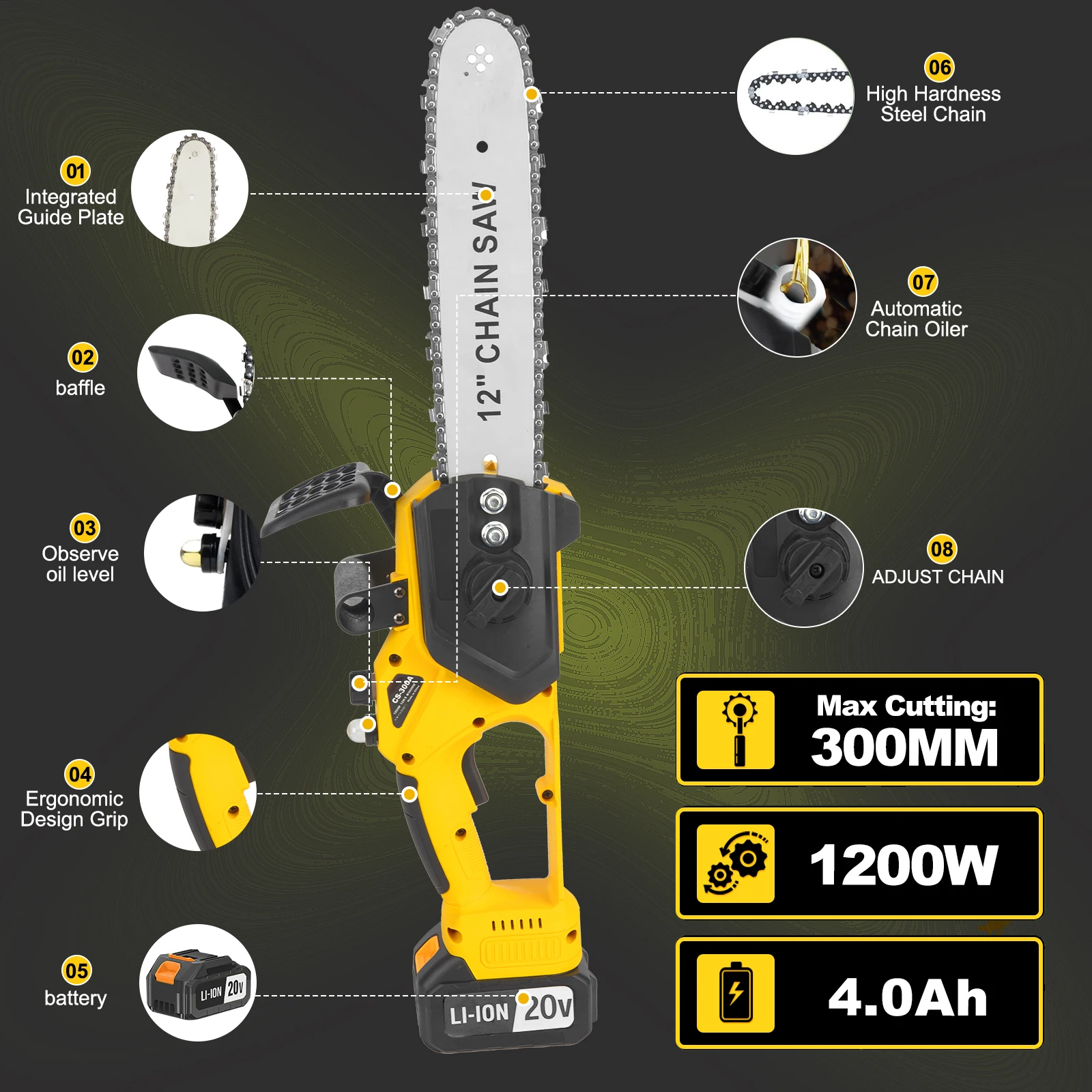 12 Inch 1200W Chainsaw Handheld Household Convenient Electric Cutting Tool with Two Batteries for Cutting Tree Branches and Wood