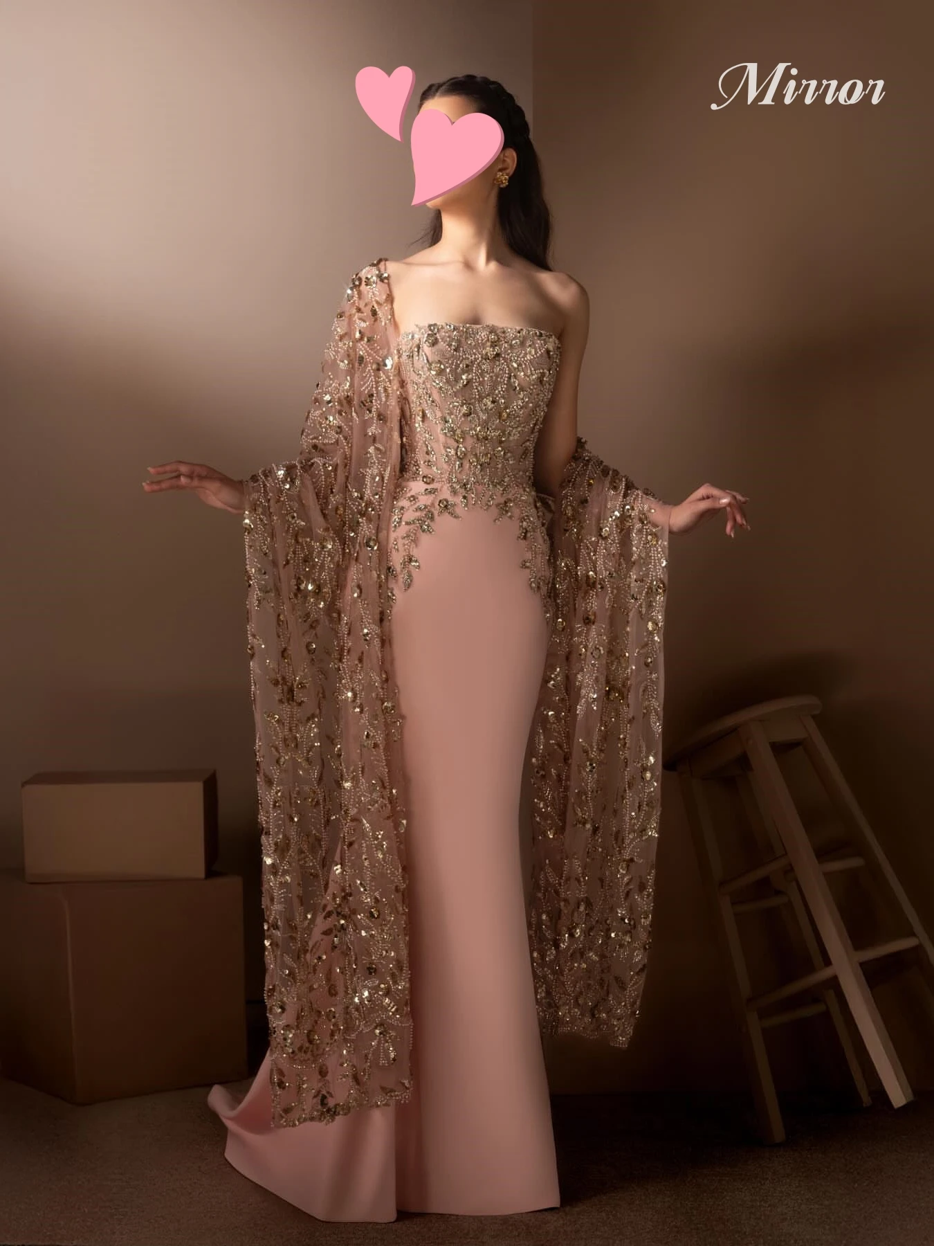 

Mirror Dress Elegant Vintage Sweet Sexy Pink Beads Lace Flowers Cape Customize Formal Occasion Prom Dress Evening Party Gowns