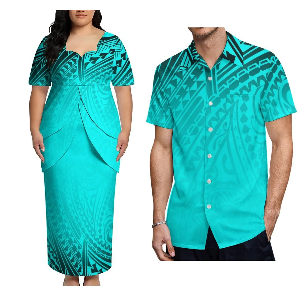 Conjunto de Casal com Novo Design 2026: Vestido Feminino de Manga Curta e Camisa Aloha Masculina, Traje Polinésio Puletasi para Noite