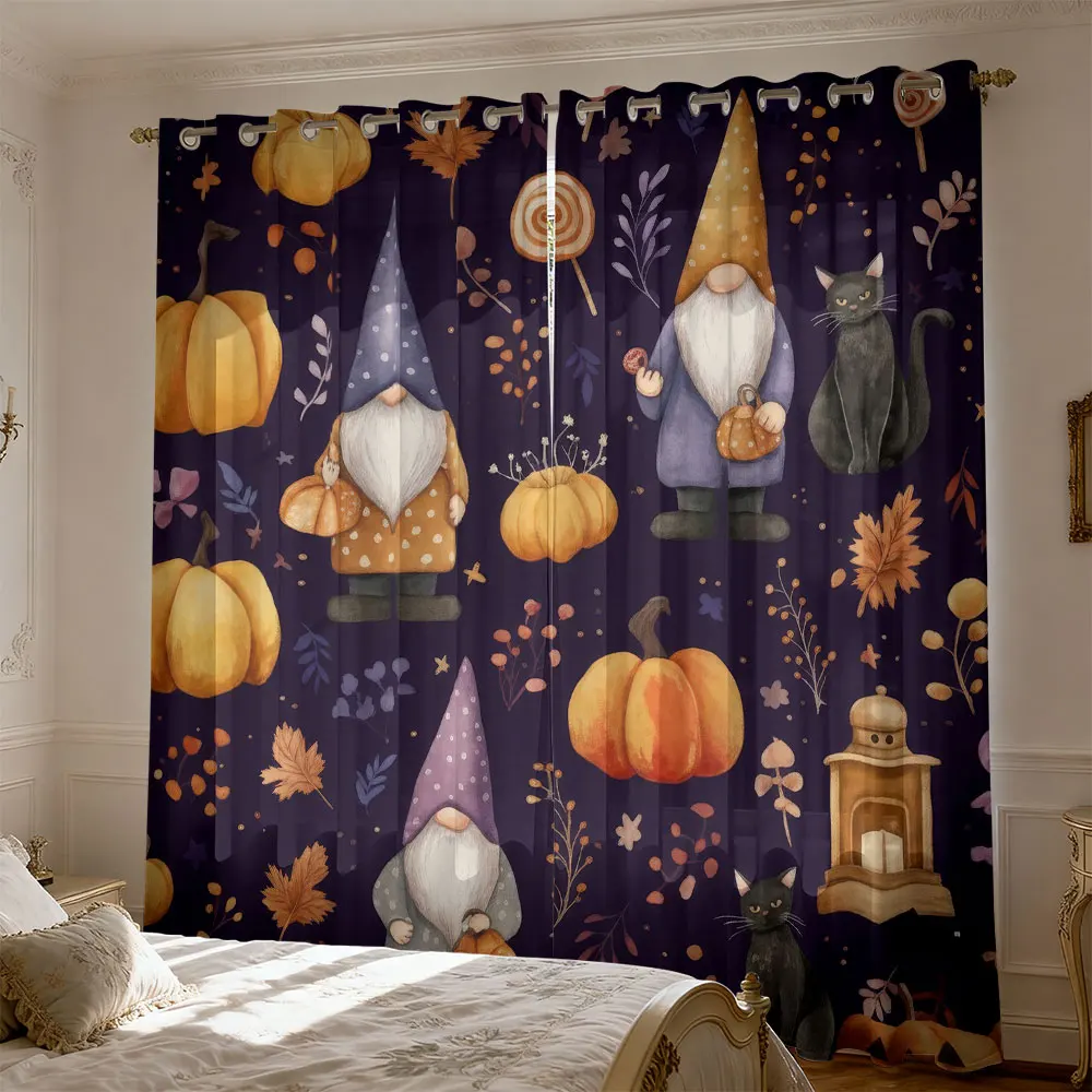 2pcs Halloween gnome pumpkin black cat print curtains for living room bedroom blocking light  a trendy home decor touch