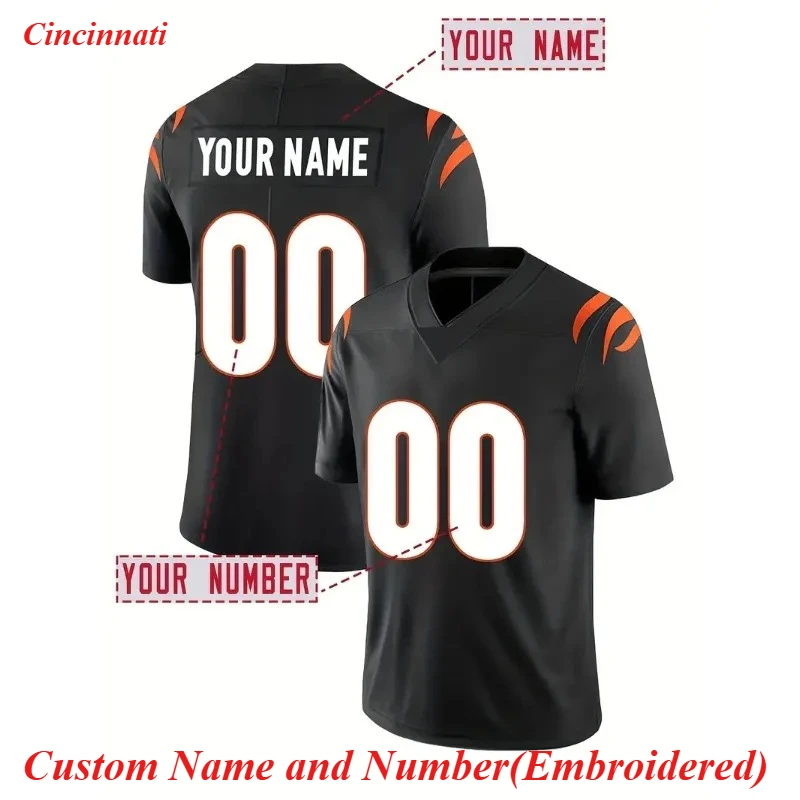 Custom Men's Cincinnati Football Jersey Embroidered Football Shirt Personnalisé Name&Number Short Sleeve Breathable DIY T-Shirt