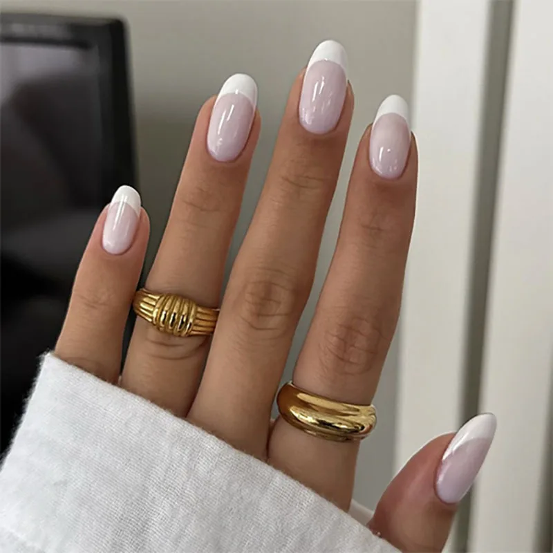 

24pcs Press-On Almond French Nails French Nail Tips with White Edges Reusable Natural Fake Nails for Wedding Party Dance Wearing
