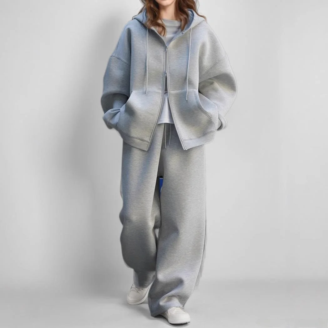 

Women's Sports Zipper Sweatshirt Set with Wide Pants Casual Style Long Sleeve Three-piece Winter Fashion Pure Color