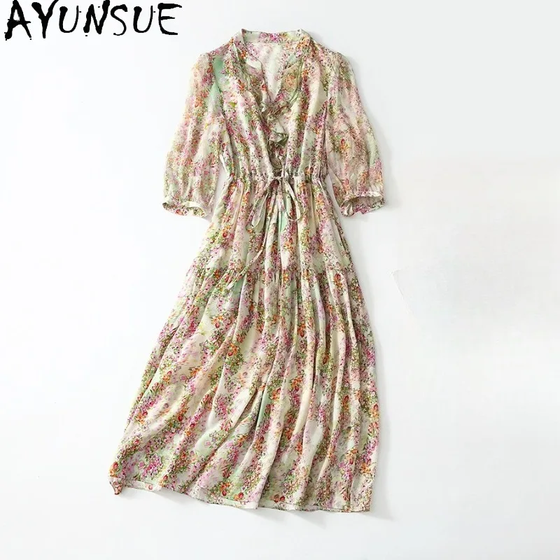 

AYUNSUE 100% Mulberry Silk Elegant Dresses for Woman Spring Summer Long Dress Woman Clothing High Quality Vestidos Para Mujer