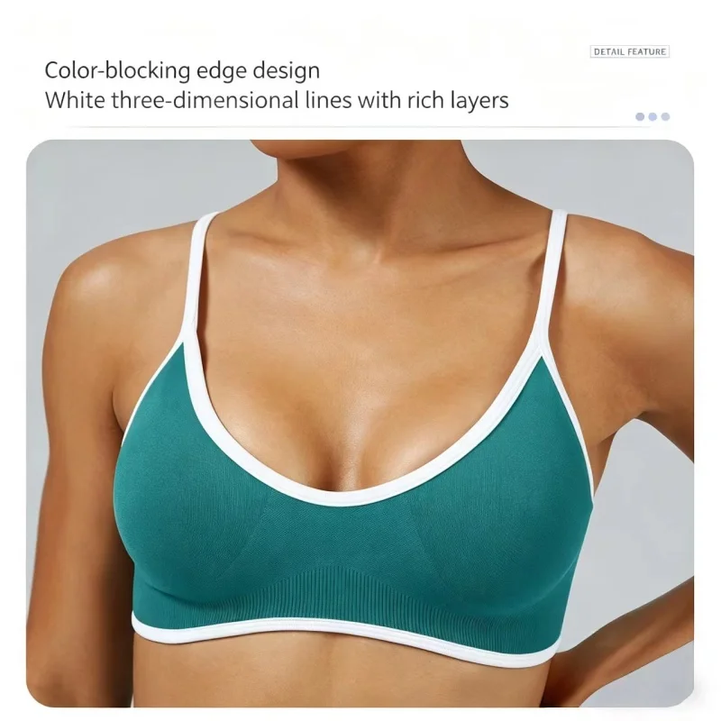 Nahtloser, gerippter Sport-BH für Damen, mit kontrastierenden, dünnen Trägern, ohne Bügel, weiche Unterstützung, atmungsaktives Yoga-Top für das Fitnessstudio und den täglichen Gebrauch. – Detail 4