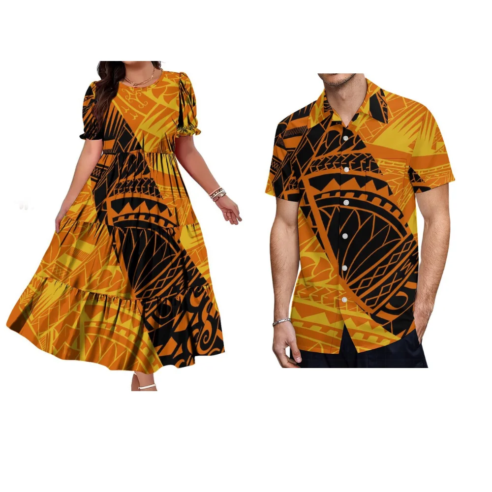 Designed Round-Neck Short-Sleeved Women'S Dress With A Sense Of Layering Cake Dress Polynesian Custom Fashion Couple'S Shirt