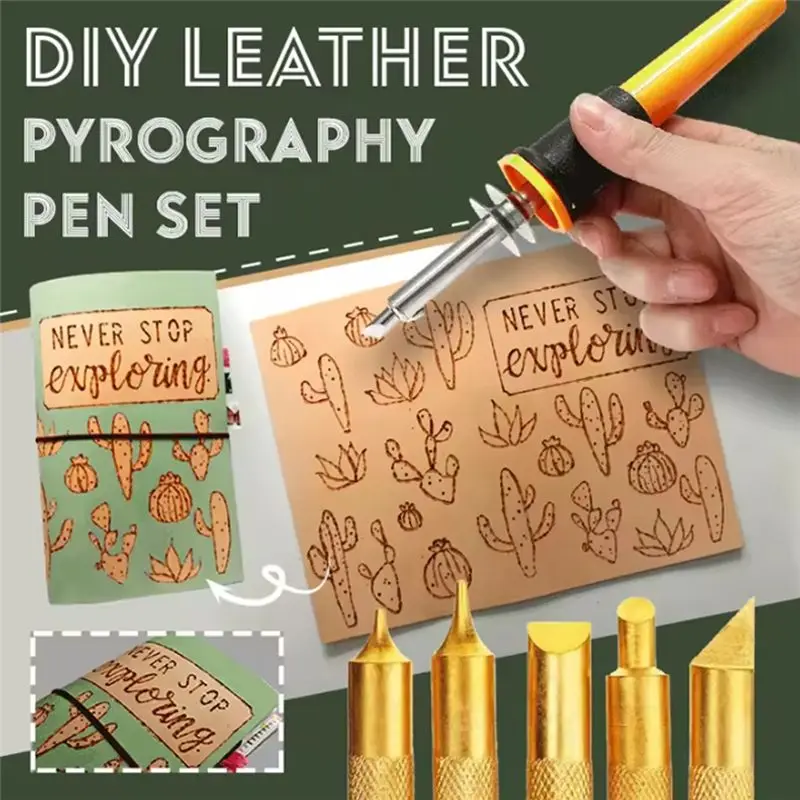 A96K-DIY Leather Pyrography Pen Set 7 PCS Wood Carving Pen With 5 Heads Stand Wood Craft Accessory For Graver Tool US Plug