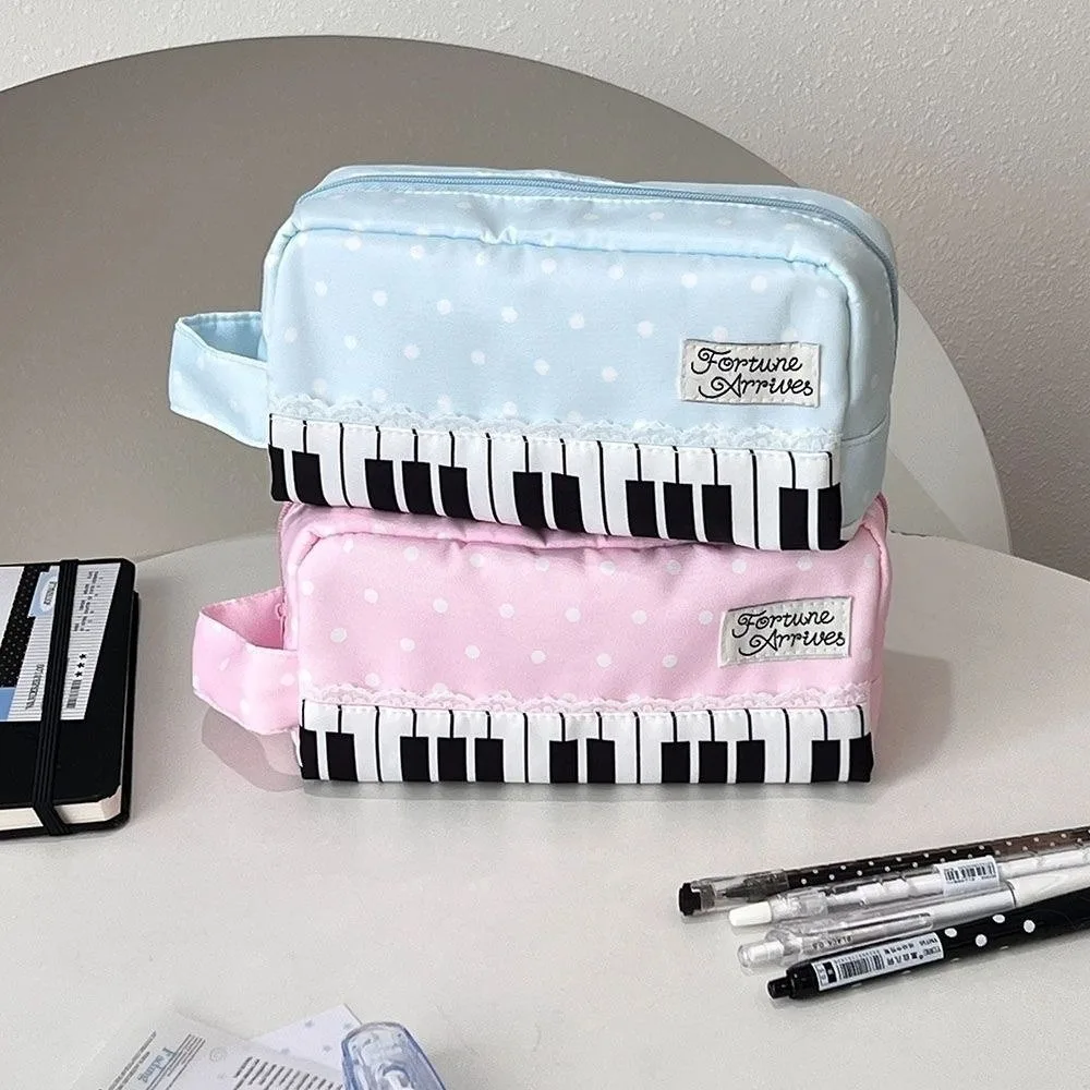 Portable Polka Dot Piano Key Print Pencil Case With Handle Large Capacity Pen Bag Stationery Pouch School Supplies