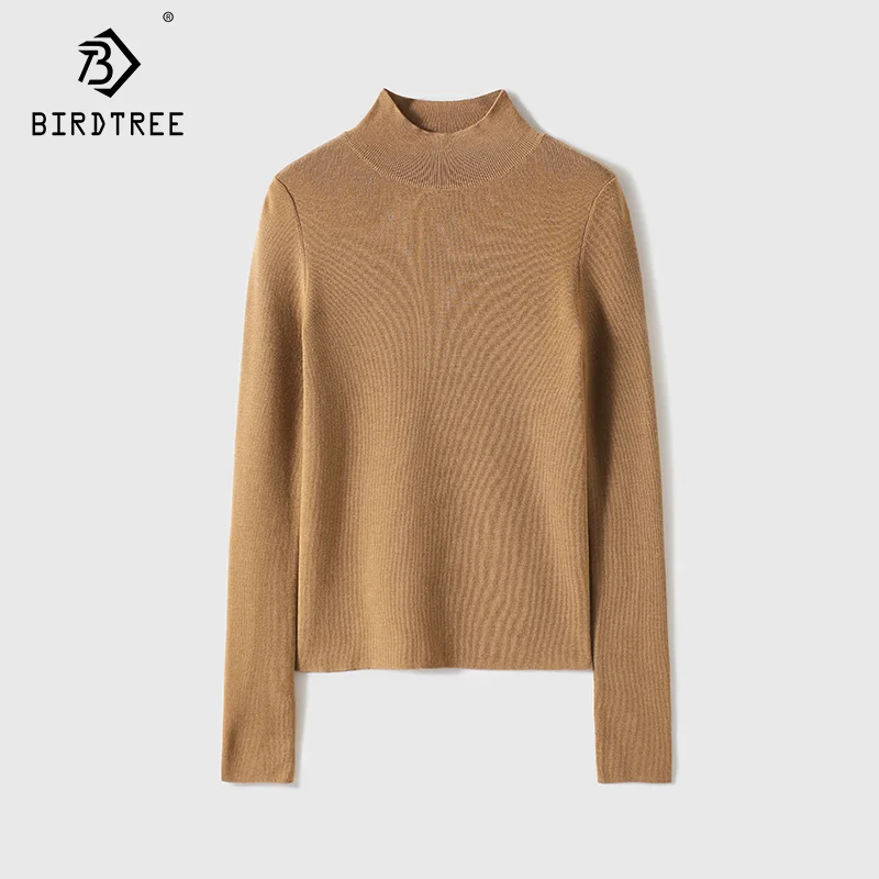 Birdtree-2024 Women's Elegant Pullover, 100%Sheep Wool, High Collar, Fashion Basics Sweater, Autumn Winter Slim Clothes T40307QM