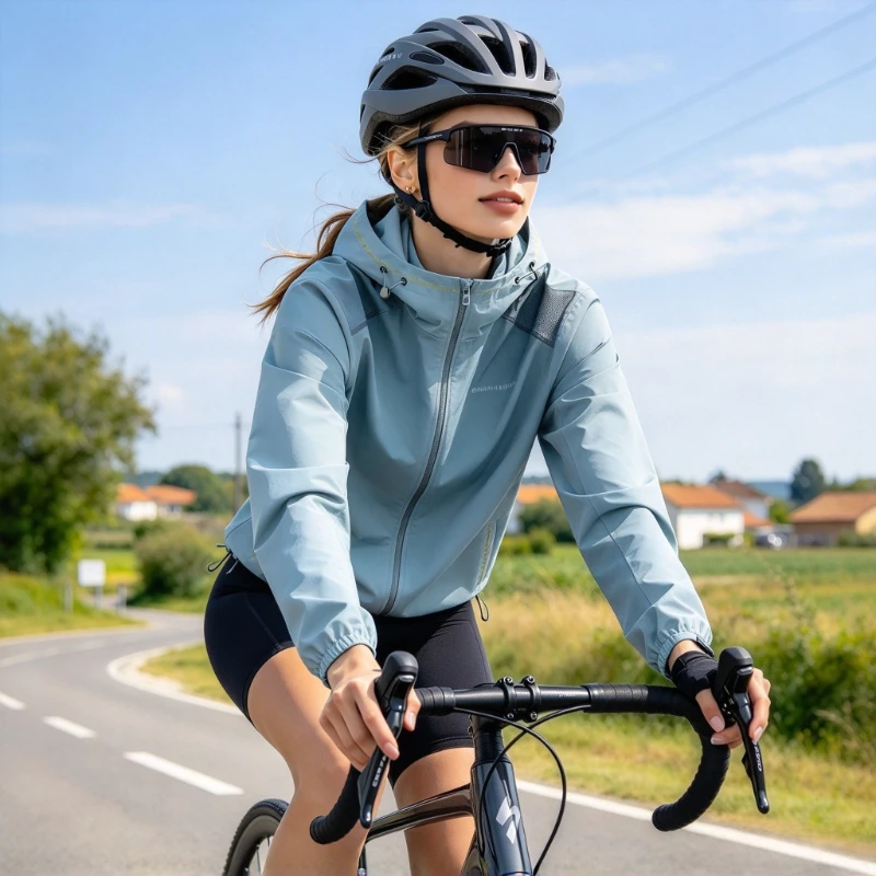 Women's Waterproof Cycling Jackets Contrast Wavy Edge Hooded Rain Coat Zip‑Up Wind Resistant Loose Fit Outdoor Hiking Jacket Men