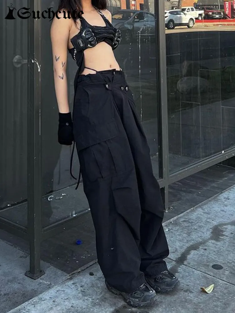 

SUCHCUTE Gothic Big Pocket Cargo Pants Women Streetwear Punk Wide Leg Trouser Grunge Fairycore Dark Hip Hop Low Waist Baggy Pant