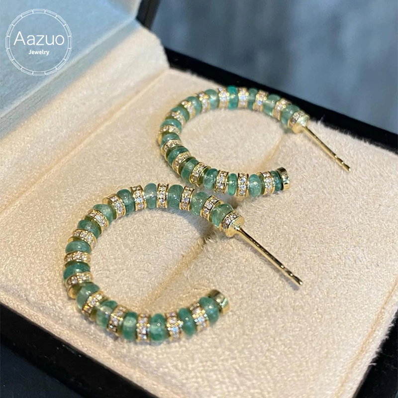 Aazuo Luxury Giftshop 18K Yellow Gold Natural Emerald Real Diamond Moon Stud Earrings gifted for Women Engagement Wedding Party