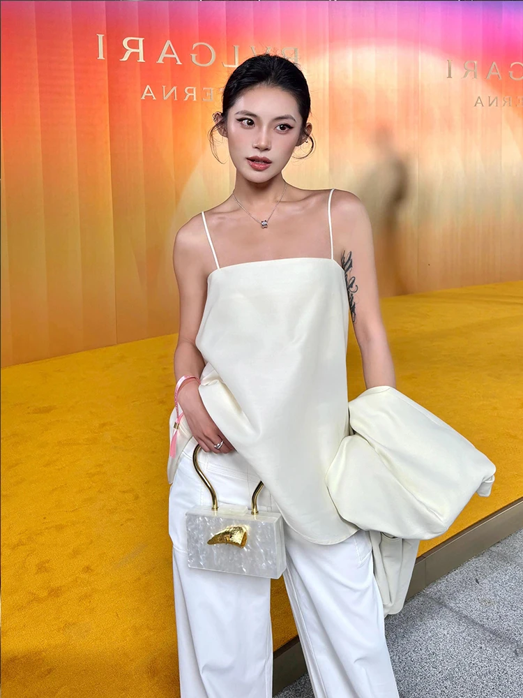 White Satin Women's Vest 2026 New Simple Elegance Loose Belly Covering Slimming Beautiful Thai Style Strap Top Casual Wear