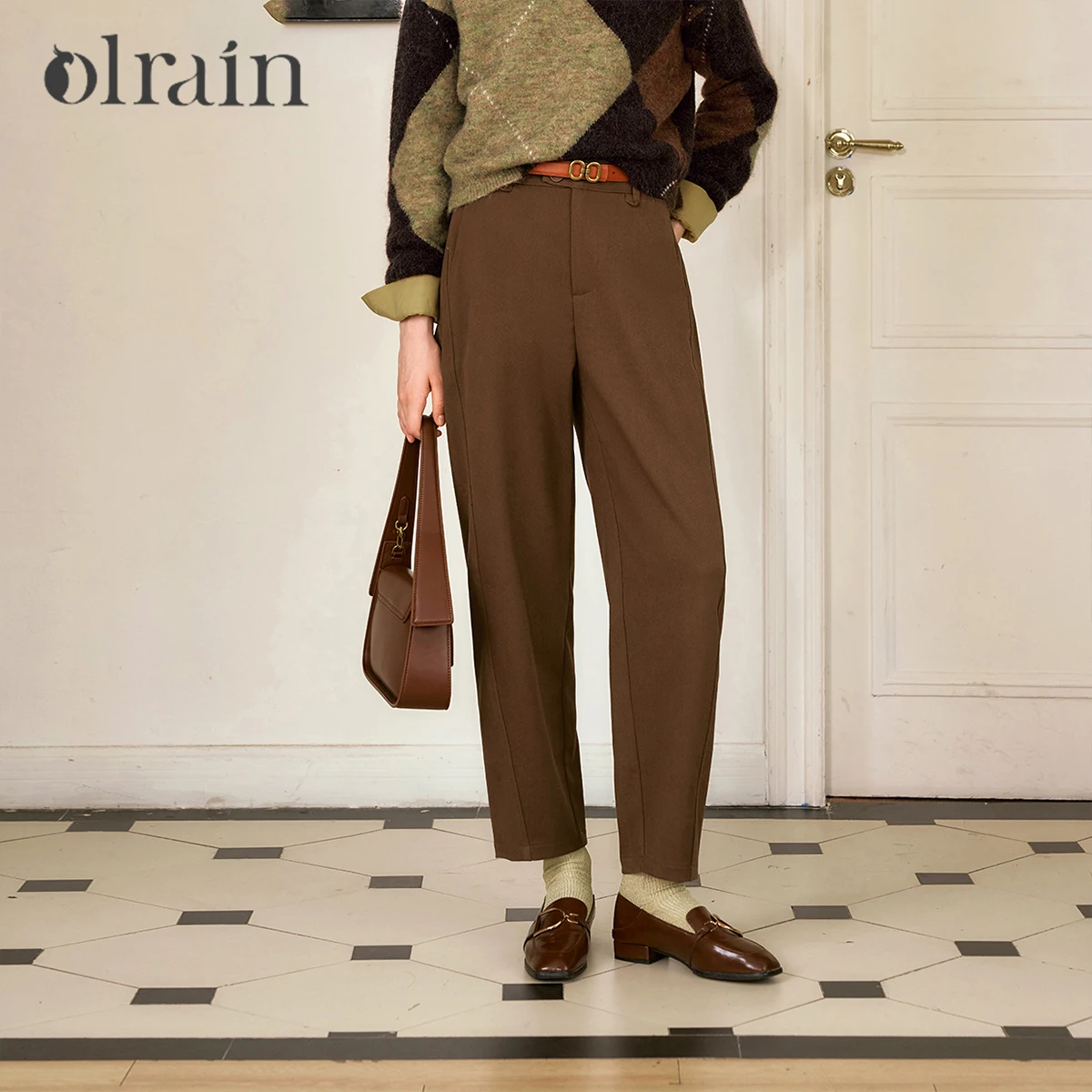 

OLrain Women's Mocha Tapered Pants 2026 Autumn High Waist Zipper Front Trousers Commuter Casual Versatile Bottoms N56QK93809