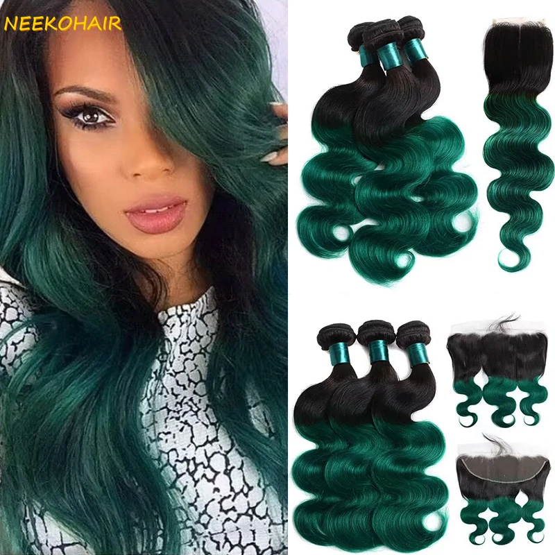 Ombre 1B/Dark Green 3 Bundles With 13x4 Frontal Weave Body Wave Remy 100% Human Hair Ombre Green 3 Bundles With 4X4 Closure