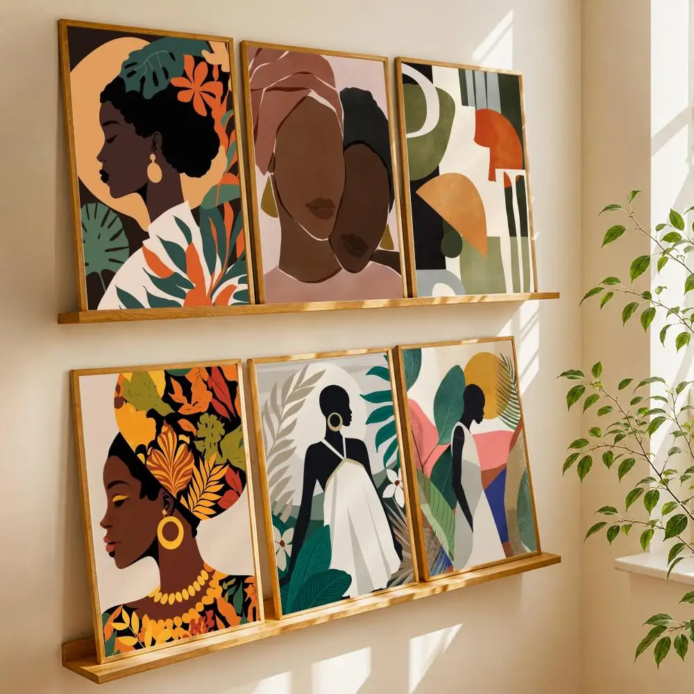 African Woman Flower Leaves Painting Calligraphy Canvas Poster Art for Bedroom Living Room Home Decor Wall Decoration Decals