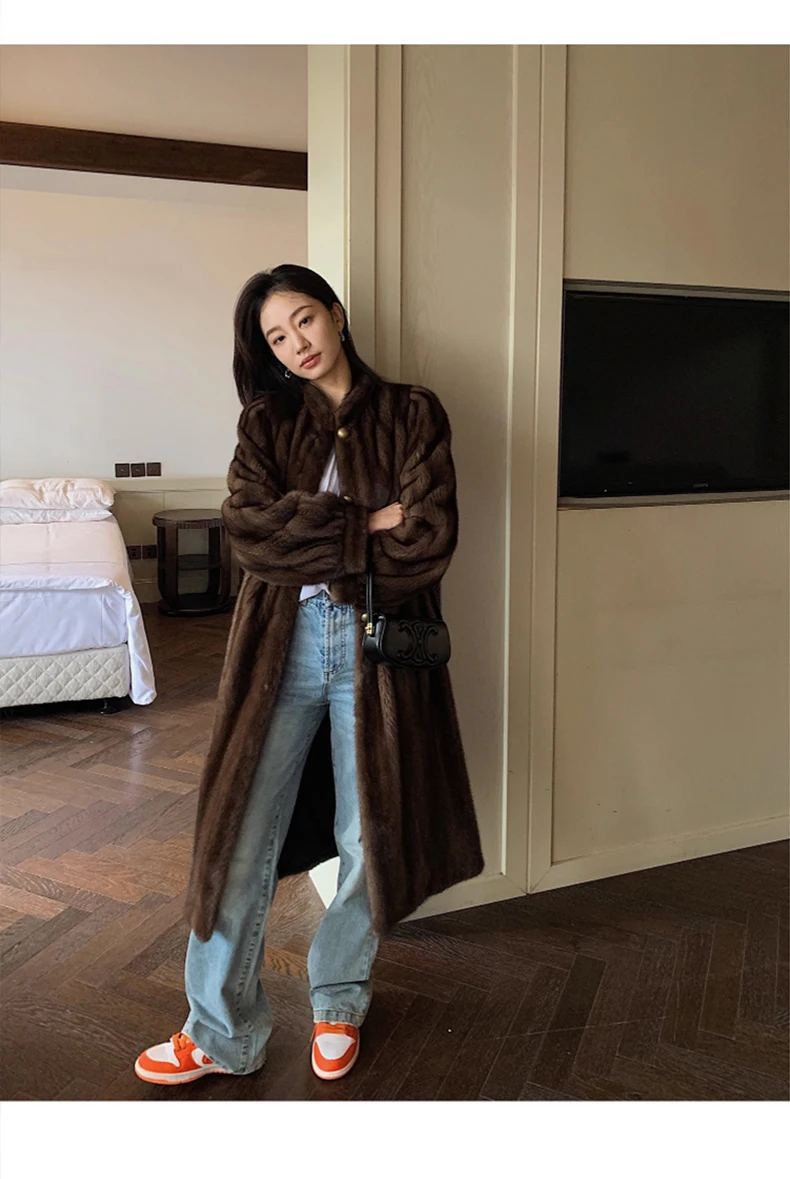 Lautaro Winter Long Brown Thick Warm Soft Faux Mink Fur Coat Women Puff Sleeve Elegant Luxury Chic Fluffy Furry Overcoat 2023