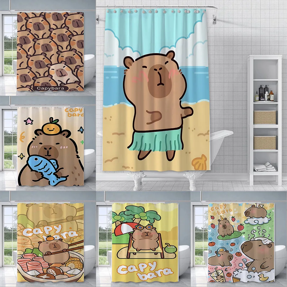 Duschvorhang, wasserdicht, Polyesterstoff, Farbe, bunte Badvorhänge, Kawaii Capybaras, Heim-Badezimmer-Dekoration mit Haken